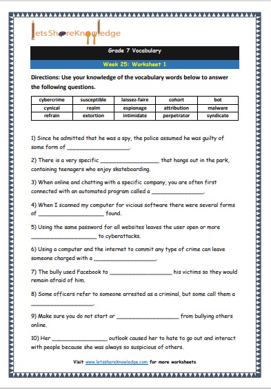 Grade 7 Vocabulary Worksheets Week 25 worksheet 1
