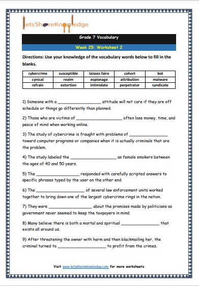 Grade 7 Vocabulary Worksheets Week 25 worksheet 2