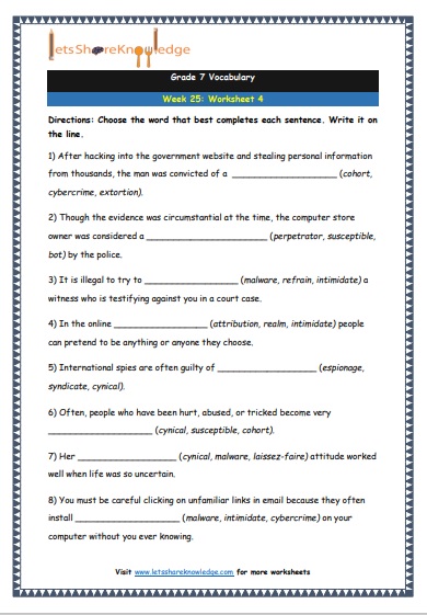  Grade 7 Vocabulary Worksheets Week 25 worksheet 4