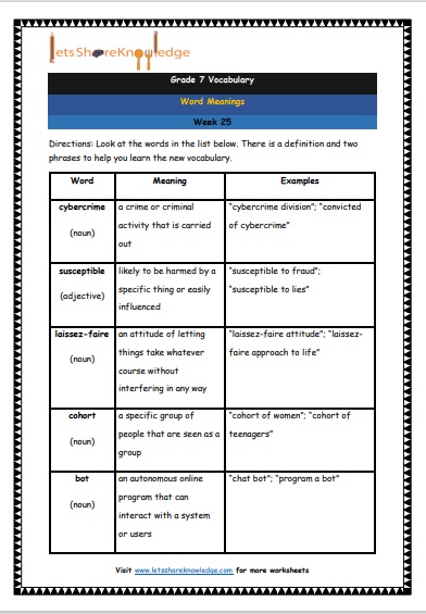 Grade 7 Vocabulary Worksheets Week 25 meanings