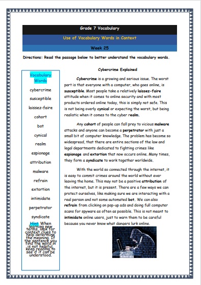 Grade 7 Vocabulary Worksheets Week 25 understanding vocabulary words in context