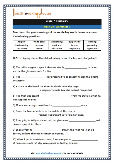 Grade 7 Vocabulary Worksheets Week 26 worksheet 1