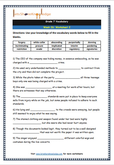 Grade 7 Vocabulary Worksheets Week 26 worksheet 2