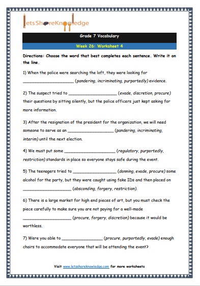  Grade 7 Vocabulary Worksheets Week 26 worksheet 4