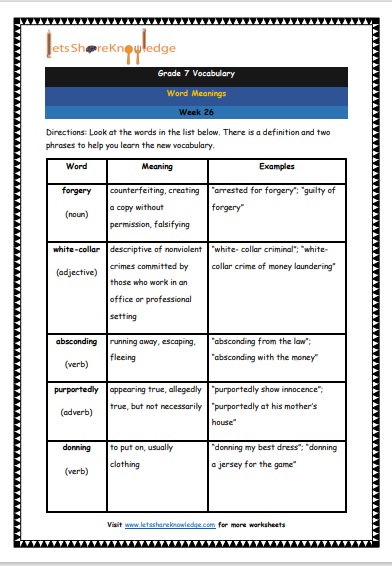 Grade 7 Vocabulary Worksheets Week 26 meanings