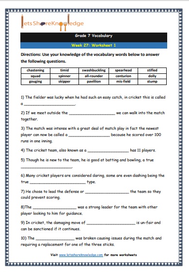 Grade 7 Vocabulary Worksheets Week 27 worksheet 1