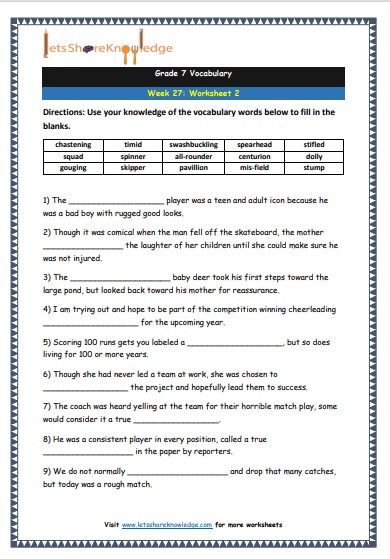 Grade 7 Vocabulary Worksheets Week 27 worksheet 2