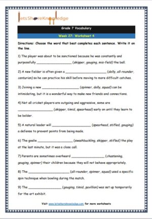grade 7 vocabulary week 27 printable worksheet