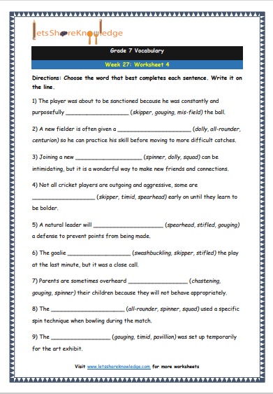 grade 7 vocabulary week 27 printable worksheet