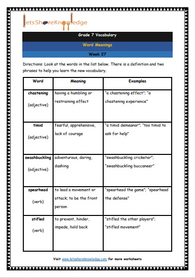 Grade 7 Vocabulary Worksheets Week 27 meanings