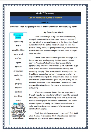 Grade 7 Vocabulary Worksheets Week 27 understanding vocabulary words in context