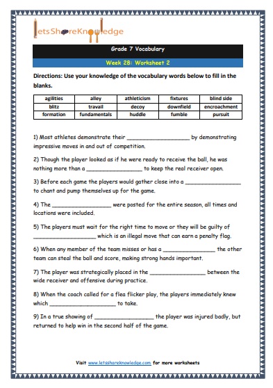 grade 7 vocabulary week 28 printable worksheet