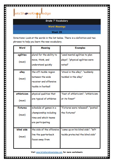 Grade 7 Vocabulary Worksheets Week 28 meanings
