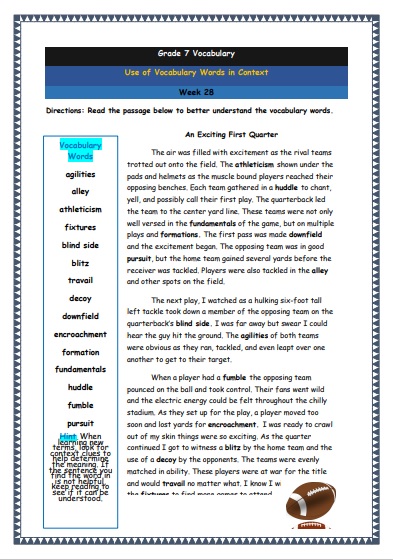 Grade 7 Vocabulary Worksheets Week 28 understanding vocabulary words in context