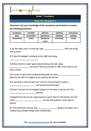 Grade 7 Vocabulary Worksheets Week 29 worksheet 1