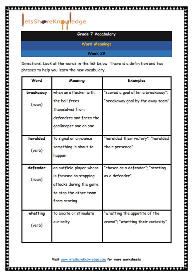 Grade 7 Vocabulary Worksheets Week 29 meanings