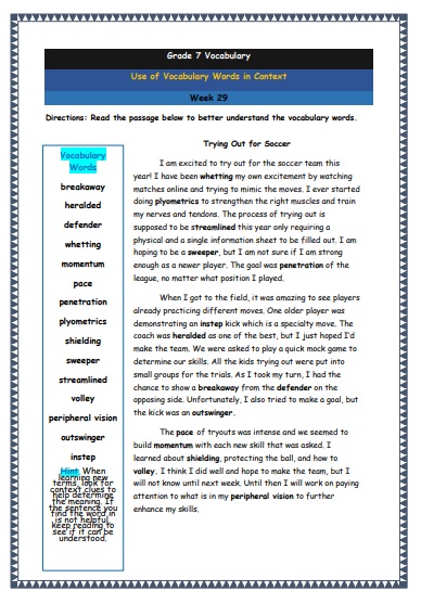 Grade 7 Vocabulary Worksheets Week 29 understanding vocabulary words in context