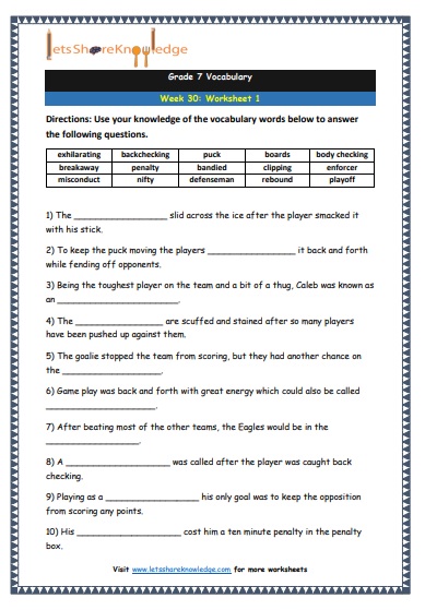 Grade 7 Vocabulary Worksheets Week 30 worksheet 1