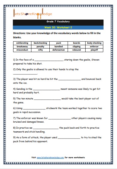 Grade 7 Vocabulary Worksheets Week 30 worksheet 2