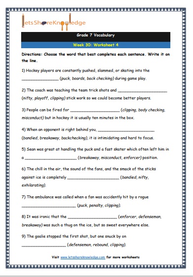 Grade 7: Vocabulary Worksheets Week 30 – Lets Share Knowledge