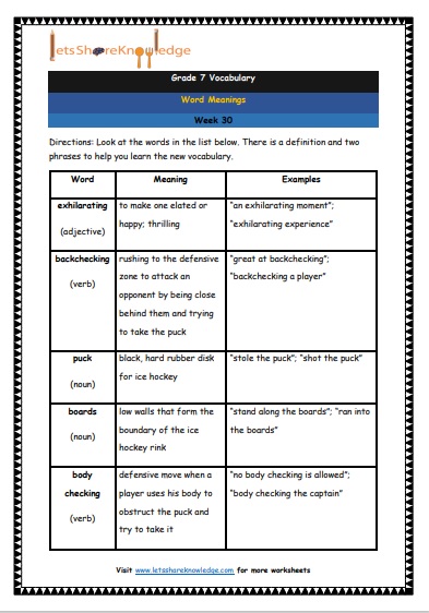 Grade 7 Vocabulary Worksheets Week 30 meanings
