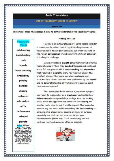 Grade 7 Vocabulary Worksheets Week 30 understanding vocabulary words in context