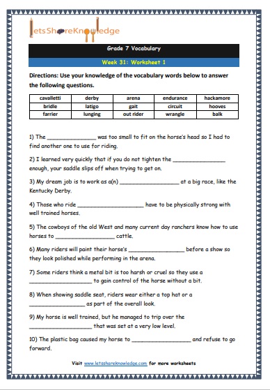 Grade 7 Vocabulary Worksheets Week 31 worksheet 1