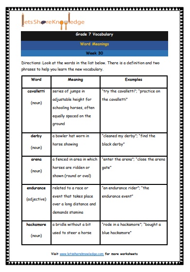 Grade 7 Vocabulary Worksheets Week 31 meanings