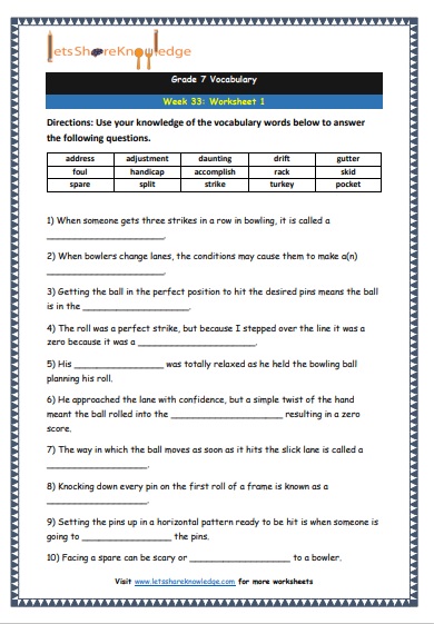 Grade 7 Vocabulary Worksheets Week 33 worksheet 1