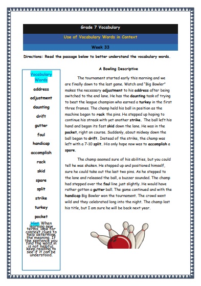 Grade 7 Vocabulary Worksheets Week 33 understanding vocabulary words in context