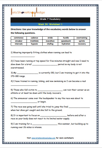 Grade 7 Vocabulary Worksheets Week 34 worksheet 1