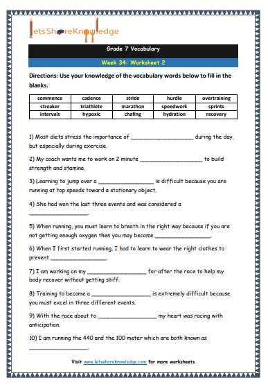 Grade 7 Vocabulary Worksheets Week 34 worksheet 2