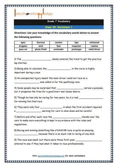 Grade 7 Vocabulary Worksheets Week 35 worksheet 1