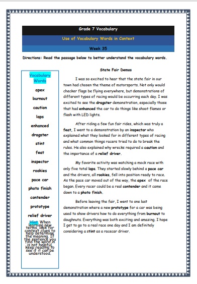 Grade 7 Vocabulary Worksheets Week 35 understanding vocabulary words in context