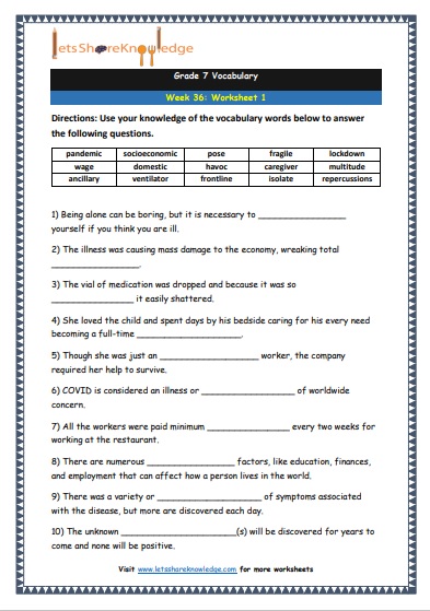 Grade 7 Vocabulary Worksheets Week 36 worksheet 1