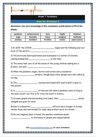 Grade 7 Vocabulary Worksheets Week 36 worksheet 2