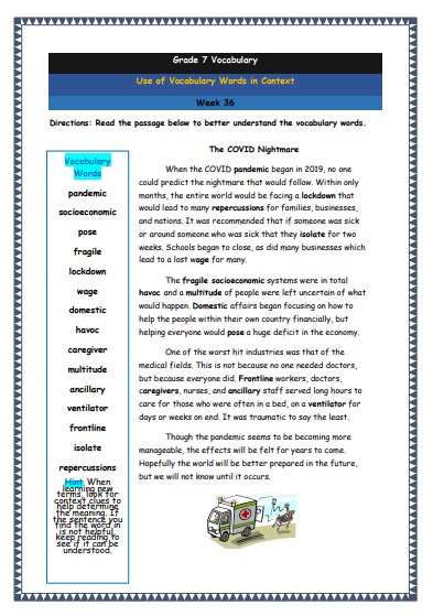 Grade 7 Vocabulary Worksheets Week 36 understanding vocabulary words in context