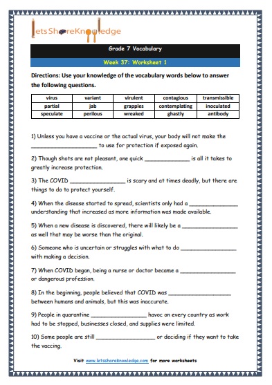 Grade 7 Vocabulary Worksheets Week 37 worksheet 1