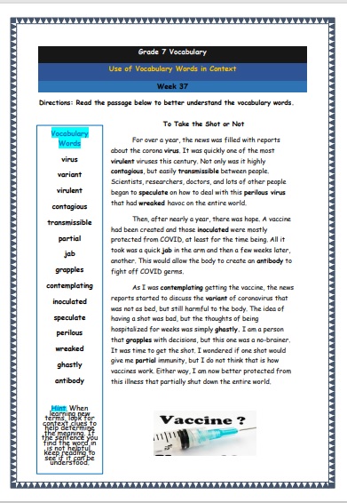 Grade 7 Vocabulary Worksheets Week 37 understanding vocabulary words in context