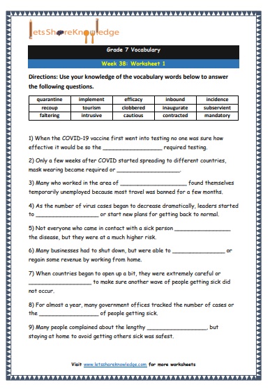 Grade 7 Vocabulary Worksheets Week 38 worksheet 1