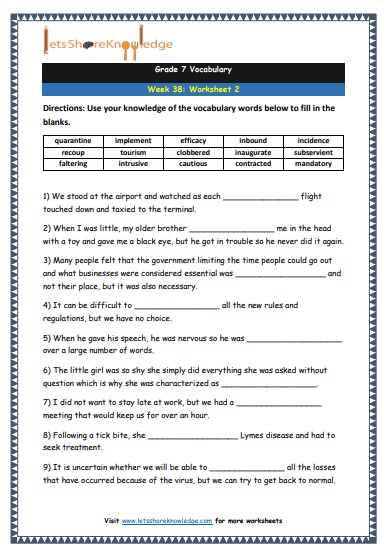 Grade 7 Vocabulary Worksheets Week 38 worksheet 2