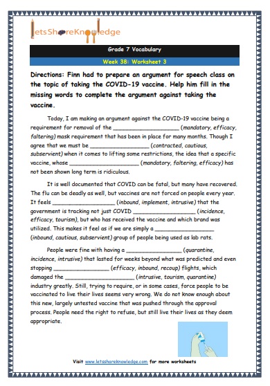 Grade 7 Vocabulary Worksheets Week 38 worksheet 3