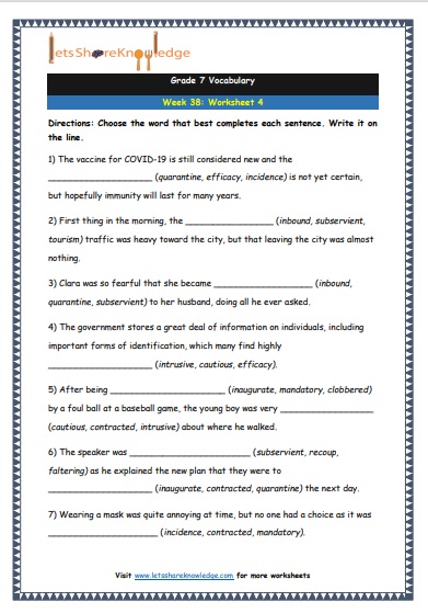  Grade 7 Vocabulary Worksheets Week 38 worksheet 4