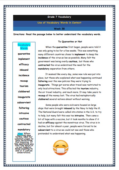 Grade 7 Vocabulary Worksheets Week 38 understanding vocabulary words in context