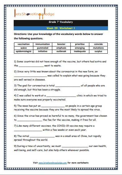 Grade 7 Vocabulary Worksheets Week 39 worksheet 1