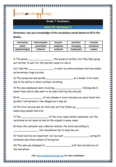 Grade 7 Vocabulary Worksheets Week 39 worksheet 2