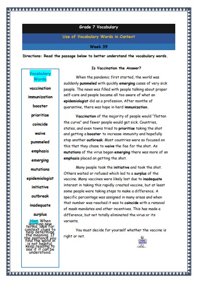 Grade 7 Vocabulary Worksheets Week 39 understanding vocabulary words in context