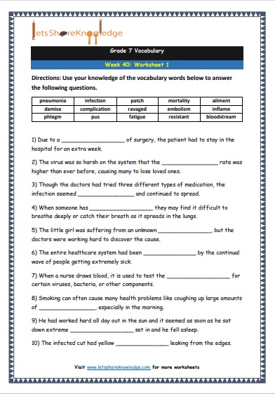 Grade 7 Vocabulary Worksheets Week 40 worksheet 1
