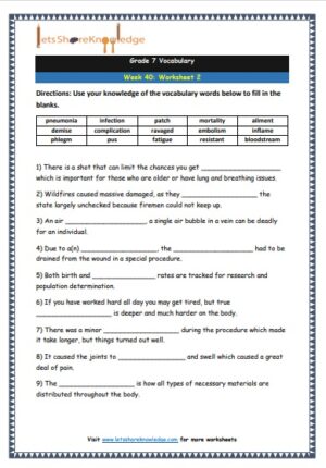 grade 7 vocabulary week 40 printable worksheet