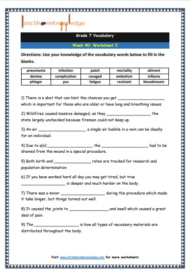 Grade 7 Vocabulary Worksheets Week 40 worksheet 2